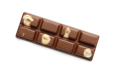 One tasty chocolate bar with nuts isolated on white, top view