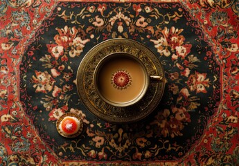 Obraz premium Traditional Tea Ceremony with Ornate Cup on Decorative Patterned Cloth