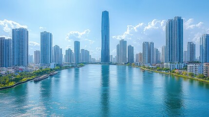 Fototapeta premium Cityscape, river, skyscrapers, sunny day, reflection, urban, development, panorama, real estate