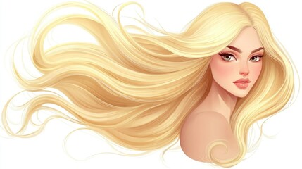 Blonde woman with flowing hair and radiant skin showcasing beauty and elegance in a modern illustrative style on a white background