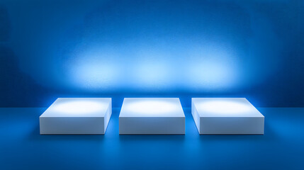 Obraz premium Square podiums are white. Abstract background. A stage for the demonstration of cosmetics. Podium for the award, consisting of three 3 square figures of different sizes on a blue background. Showcase