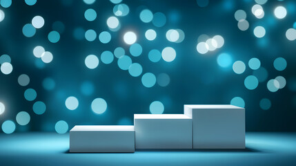 Square podiums are white. Abstract background. A stage for the demonstration of cosmetics. Podium for the award, consisting of three 3 square figures of different sizes on a blue background. Showcase