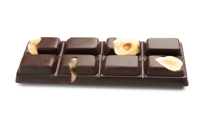 One tasty chocolate bar with nuts isolated on white