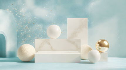 Square podiums are white. Abstract background. A stage for the demonstration of cosmetics. Podium for the award, consisting of three 3 square figures of different sizes on a blue background. Showcase