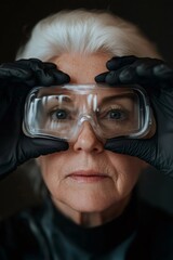 Senior female physician wearing protective eyewear, highlighting medical expertise and careful safety protocols