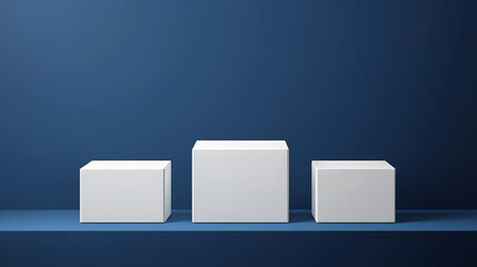 Square podiums are white. Abstract background. A stage for the demonstration of cosmetics. Podium for the award, consisting of three 3 square figures of different sizes on a blue background. Showcase