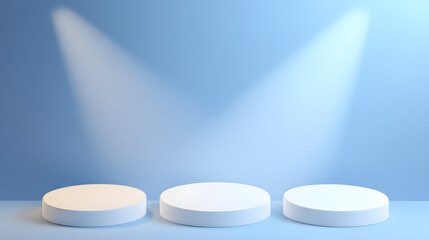Square podiums are white. Abstract background. A stage for the demonstration of cosmetics. Podium for the award, consisting of three 3 square figures of different sizes on a blue background. Showcase