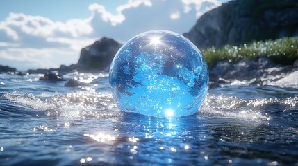 A Blue Glass Orb Rests Gently On Water