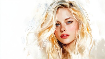 Stunning portrait of a blonde woman with soft features and textured hair against a clean white background showcasing elegance and beauty.