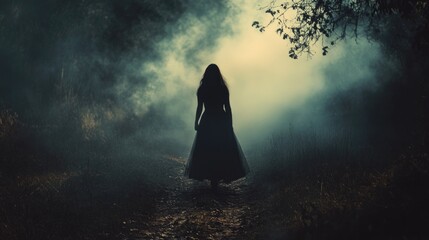 Mysterious silhouette of a woman in a foggy forest creating an eerie and suspenseful atmosphere for horror-themed visuals