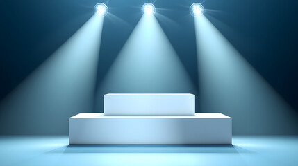 Obraz premium Square podiums are white. Abstract background. A stage for the demonstration of cosmetics. Podium for the award, consisting of three 3 square figures of different sizes on a blue background. Showcase