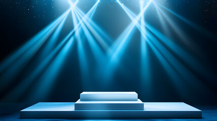 Square podiums are white. Abstract background. A stage for the demonstration of cosmetics. Podium for the award, consisting of three 3 square figures of different sizes on a blue background. Showcase