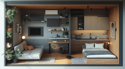 Small modern living space with practical design elements. Generative AI