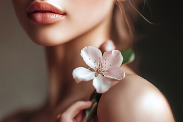Naklejka premium Elegant woman gently touching soft cherry blossom, soft light enhancing delicate facial features and feminine allure