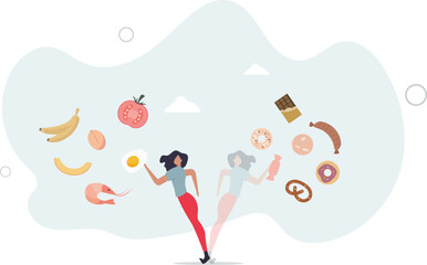 Food balance as healthy eating diet proportion to junk.Choose vegetables and fruits with vitamins for weight loss and wellness.flat characters.