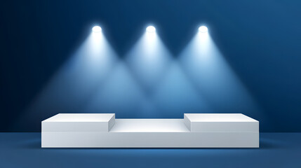 Square podiums are white. Abstract background. A stage for the demonstration of cosmetics. Podium for the award, consisting of three 3 square figures of different sizes on a blue background. Showcase