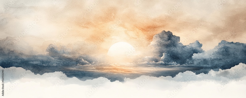 Wall mural A serene watercolor scene depicting clouds and a rising sun, blending soft hues of orange, blue, and gray across the horizon.