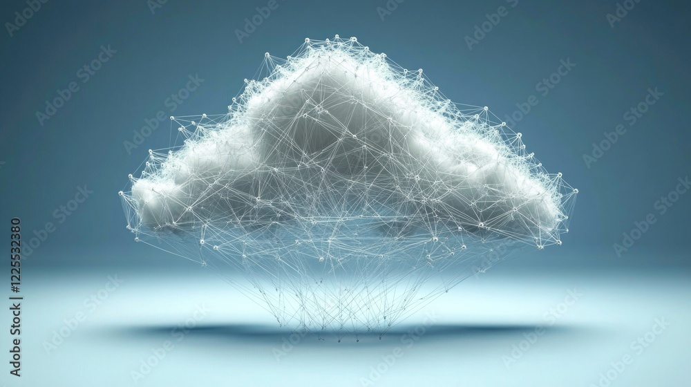 Poster cloud computing network concept with connected nodes and digital technology visualization