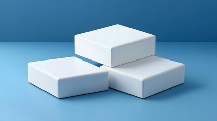 Square podiums are white. Abstract background. A stage for the demonstration of cosmetics. Podium for the award, consisting of three 3 square figures of different sizes on a blue background. Showcase