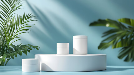 Square podiums are white. Abstract background. A stage for the demonstration of cosmetics. Podium for the award, consisting of three 3 square figures of different sizes on a blue background. Showcase