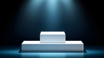 Square podiums are white. Abstract background. A stage for the demonstration of cosmetics. Podium for the award, consisting of three 3 square figures of different sizes on a blue background. Showcase