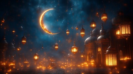 Illuminated Mosque Cityscape Under Crescent Moon