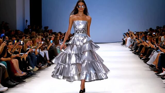 Model in futuristic metallic dress at fashion show