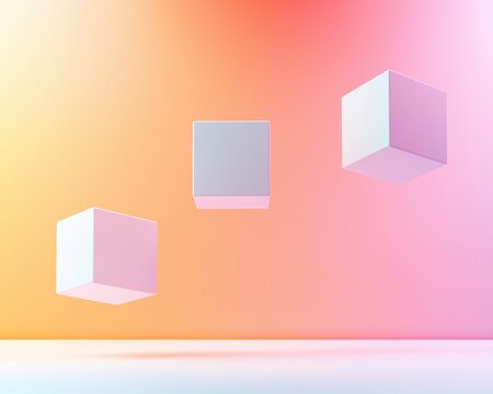 Floating 3D geometric shapes in a colorful gradient environment abstract modern design with high detail and soft shadows