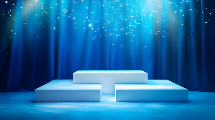 Square podiums are white. Abstract background. A stage for the demonstration of cosmetics. Podium for the award, consisting of three 3 square figures of different sizes on a blue background. Showcase