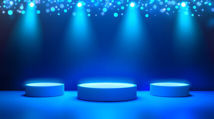 Square podiums are white. Abstract background. A stage for the demonstration of cosmetics. Podium for the award, consisting of three 3 square figures of different sizes on a blue background. Showcase