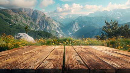 Wooden table with mountain and grass background for product display or key visual design, with space for text.