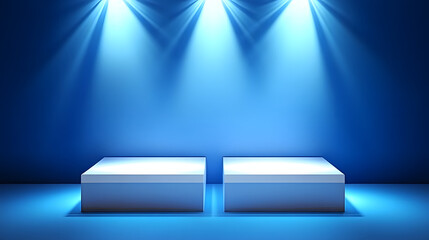 Square podiums are white. Abstract background. A stage for the demonstration of cosmetics. Podium for the award, consisting of three 3 square figures of different sizes on a blue background. Showcase