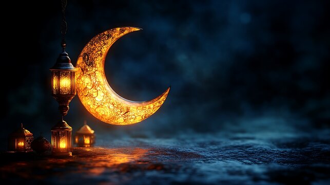 Illuminated Crescent Moon with Ornate Lanterns at Night