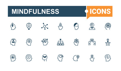 Mindfulness minimal icon set. Contains such icons as health, body, mindfulness, human, mental and more. Web icons. Editable vector outline and solid icons.