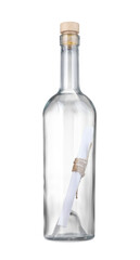 Corked glass bottle with rolled letter isolated on white