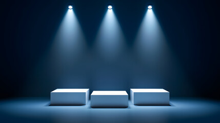 Obraz premium Square podiums are white. Abstract background. A stage for the demonstration of cosmetics. Podium for the award, consisting of three 3 square figures of different sizes on a blue background. Showcase