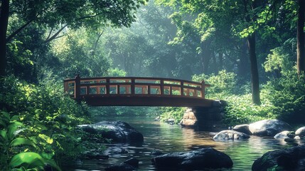 Fototapeta premium A tranquil forest scene with a wooden bridge crossing over a stream, surrounded by lush greenery 