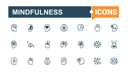 Mindfulness minimal icon set. Contains such icons as health, body, mindfulness, human, mental and more. Web icons. Editable vector outline and solid icons.