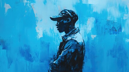Profile of a man in silhouette against a vibrant blue abstract background showcasing artistic expression and identity.