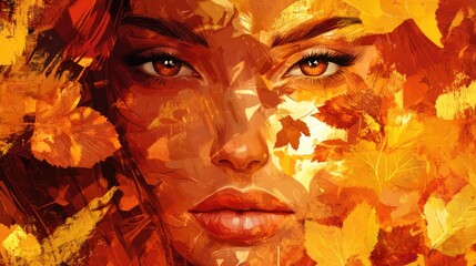 Autumn woman portrait surrounded by vibrant fall leaves capturing the essence of the season and emotive beauty.