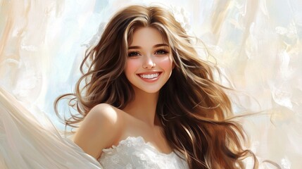 Radiant young bride with flowing brown hair and a joyful smile captured against a dreamy pastel background.