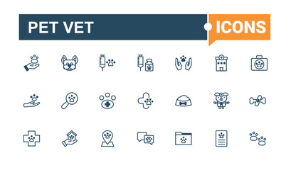 Set of Pet Vet line icons. Contains related to bone, dog, store, fish, health, animal, on and more. Minimalistic icon. Solid line editable stroke.
