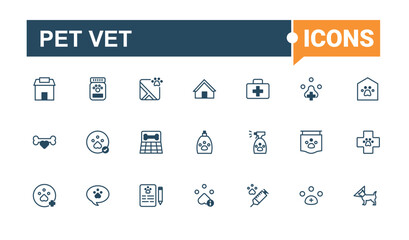 Set of Pet Vet line icons. Contains related to bone, dog, store, fish, health, animal, on and more. Minimalistic icon. Solid line editable stroke.