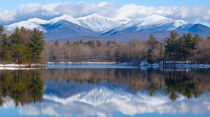 Fototapeta premium Snow capped mountains reflected in a calm lake