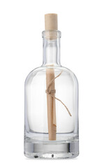 Corked glass bottle with rolled letter isolated on white