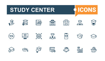 Study Center linear icon collection. Contains such icons as building, Academy, bus, student, graphic, on, class, learn, academy. Minimal icons. Editable vector icon and illustration.