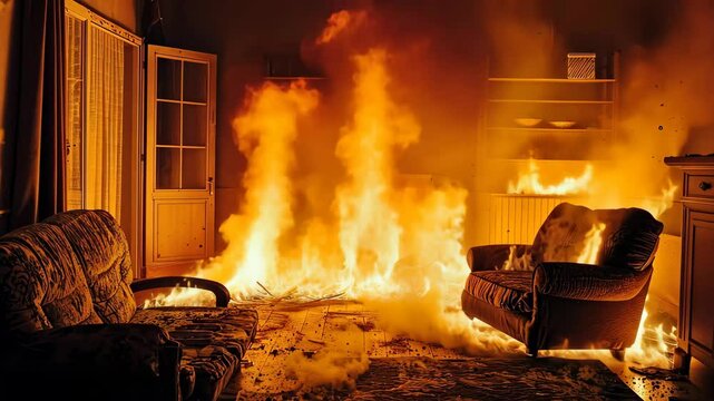 Flames rage throughout the living room, consuming furniture and illuminating the space with a vivid, orange glow in the midst of a crisis.