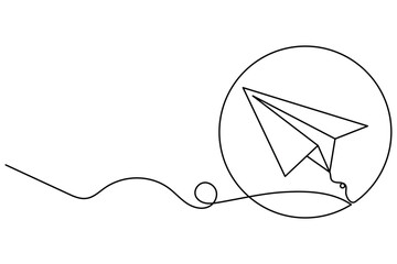 Paper plane continuous one line drawing of minimalist style and outline vector illustration
