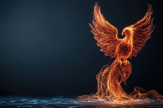 glowing phoenix rises through digital data stream, symbolizing rebirth and transformation. fiery bird is set against dark background, creating striking contrast with its vibrant colors
