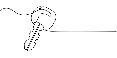 Car key icon continuous one line drawing of white background, Continuous line key isolated vector object - keys, Keys with Keychain Black Stroke Linear Icon, out line pro vector illustration.